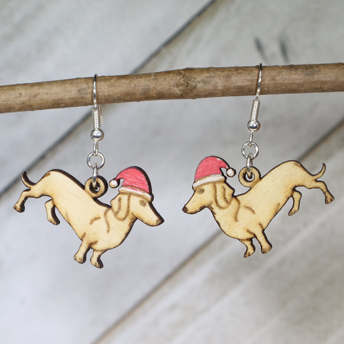 Dachshund Santa Hat Wooden Dangle Earrings | Christmas Dog Jewelry