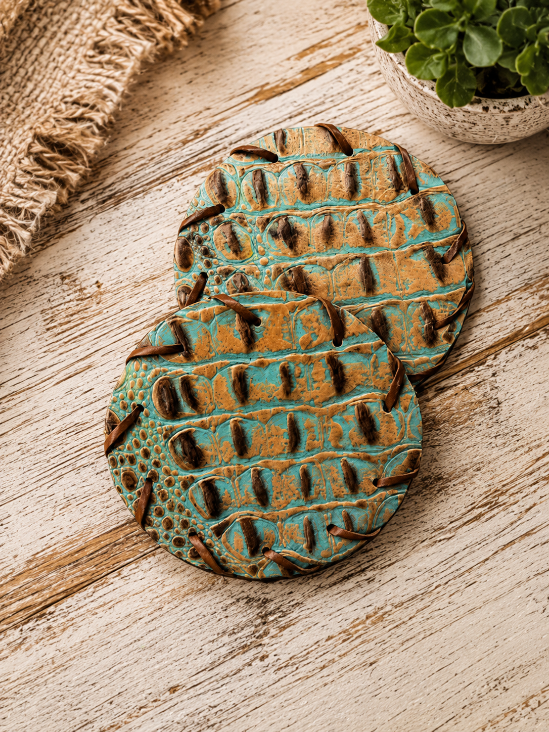 Handcrafted Turquoise Tooled Leather Coasters
