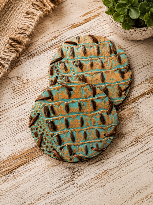 Handcrafted Turquoise Tooled Leather Coasters