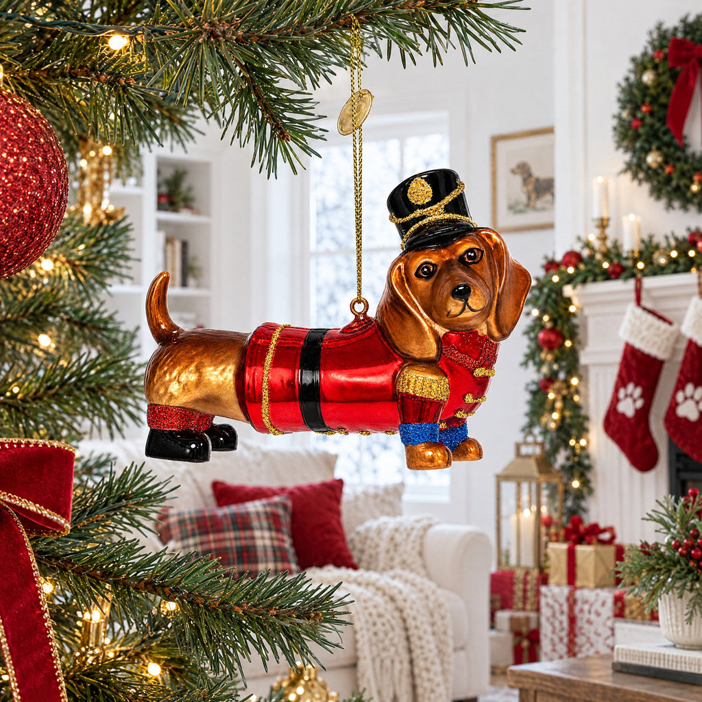 Dachshund Dog in Hat Glass Christmas Ornament