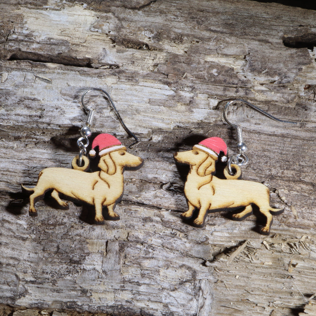 Dachshund Santa Hat Wooden Dangle Earrings | Christmas Dog Jewelry